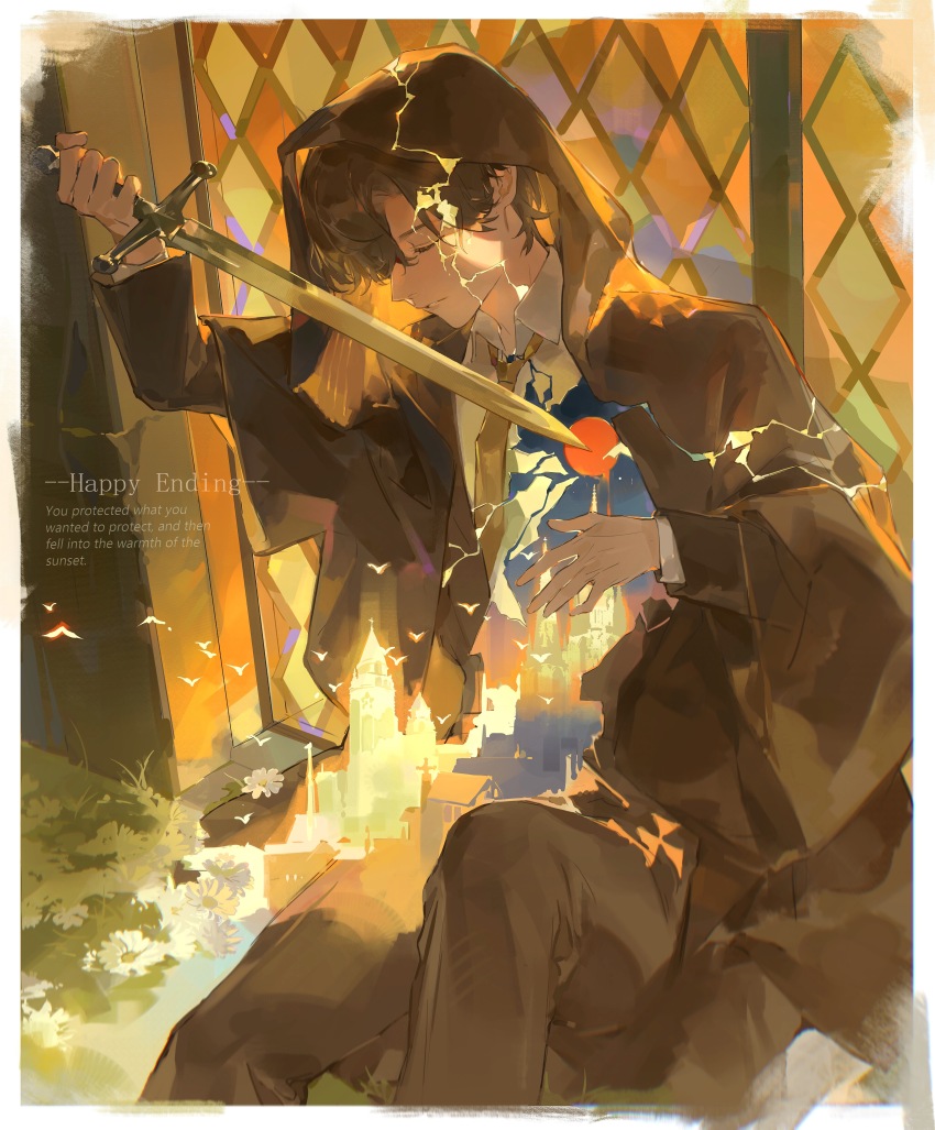 1boy absurdres against_glass asymmetrical_bangs backlighting bird black_hair border brown_cloak brown_pants building cloak closed_eyes collared_shirt crack cracked_skin cross curtained_hair english_text fading_border feet_out_of_frame flower head_down highres holding holding_sword holding_weapon hood hooded_cloak klein_moretti knee_up layered_sleeves long_sleeves lord_of_the_mysteries male_focus mirage necktie outdoors pants parted_bangs parted_lips profile shirt short_hair sitting solo stained_glass sword teeth watermark weapon white_border white_flower white_shirt white_sleeves yellow_necktie youling225