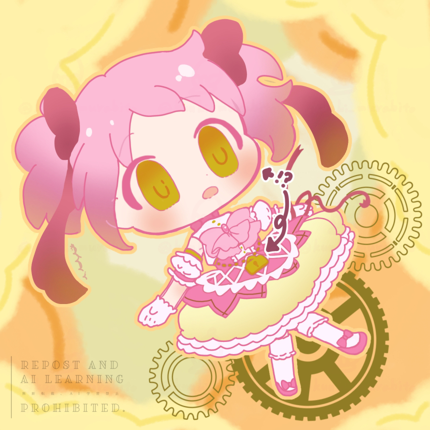 !? 1girl :o ballet_boots bow buttons chibi choker cloud_background commentary dress gears gloves highres kaname_madoka kaname_madoka_(magical_girl) lock mahou_shoujo_madoka_magica mahou_shoujo_madoka_magica:_walpurgis_no_kaiten padlock pink_bow pink_dress pink_hair red_choker red_shoes shoes socks solo twintails user_kuuki_murabito white_gloves white_socks yellow_eyes