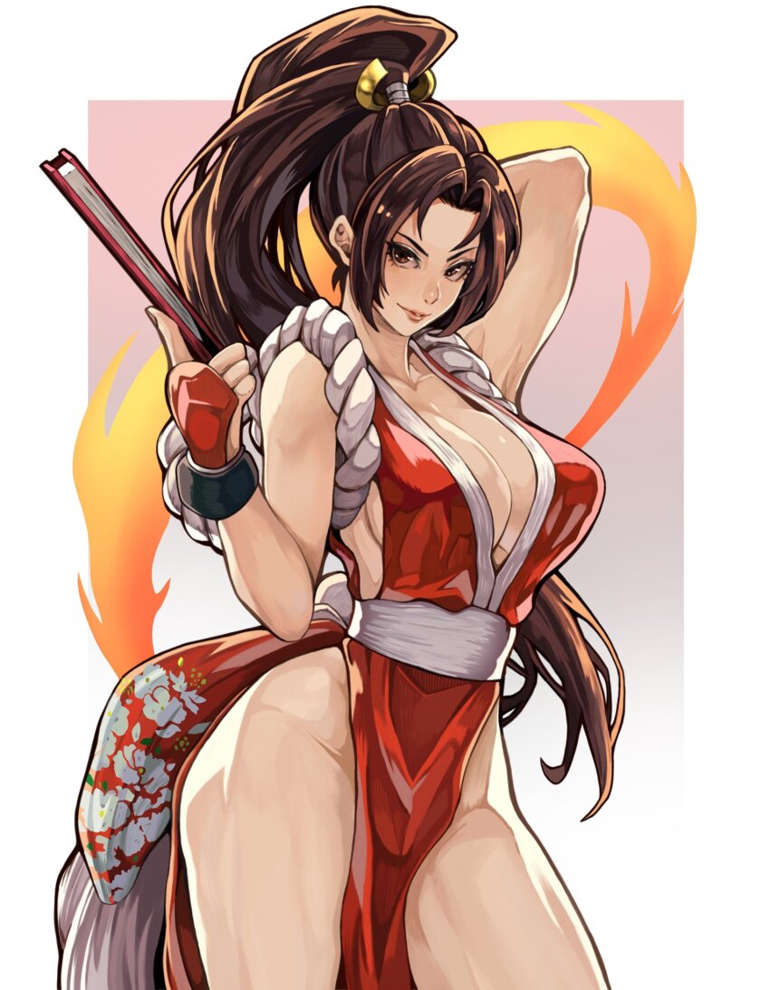 1girl arm_behind_head bare_shoulders border breasts brown_eyes brown_hair cowboy_shot gradient_background hand_fan high_ponytail highres holding holding_fan japanese_clothes kimono large_breasts ponytail red_kimono revealing_clothes shiranui_mai solo the_king_of_fighters to-ru white_border