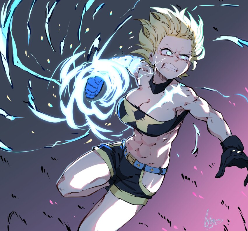 1girl abs absurdres antares_topaz bandeau belt black_bandeau black_gloves black_shorts blonde_hair blue_eyes clenched_teeth fighting_stance gloves highres hip_vent incoming_attack incoming_punch lightning muscular muscular_female punching shorts solo teeth topaz_(antares_topaz)