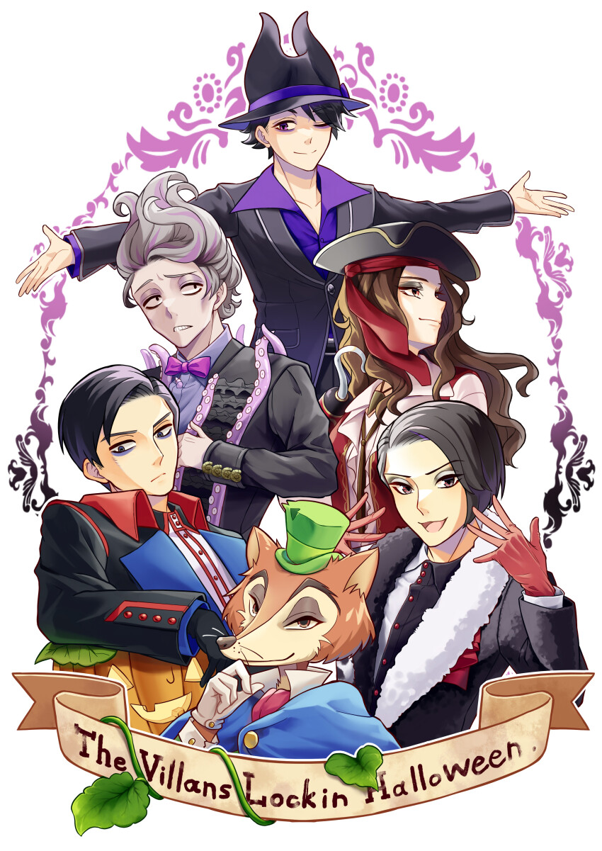 1girl 5boys 8-foot_joe absurdres apple_poison black_hair black_headwear bow bowtie brown_hair disney eight_foot_joe english_text formal_clothes fur_trim gloves green_headwear grey_hair halloween highres hock honest_john_(disney) long_sleeves marfie mr._dalmatia multicolored_hair multiple_boys purple_bow purple_bowtie purple_hair recruiters_(disney) red_gloves red_ribbon ribbon rn85985 streaked_hair suit white_background