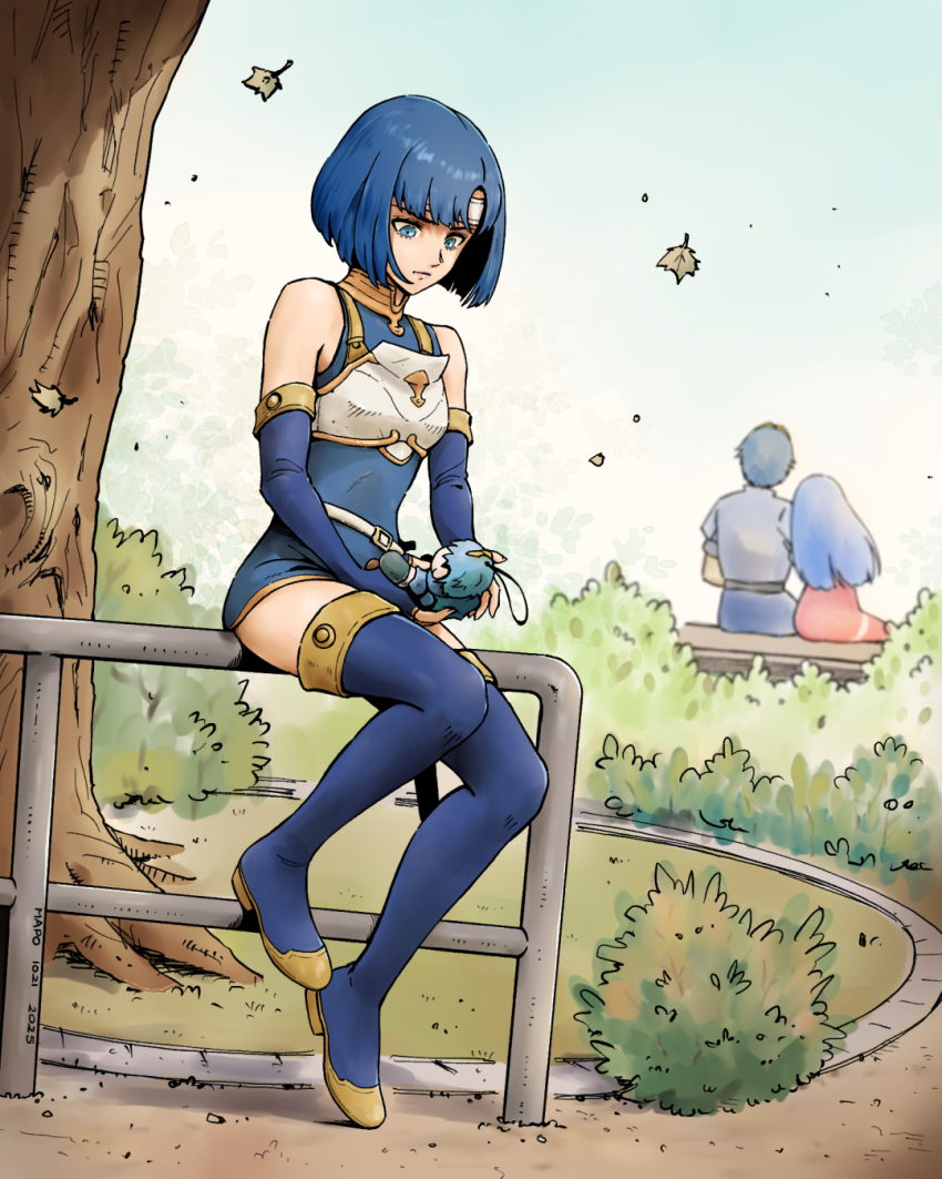 1boy 2girls against_railing armor bare_shoulders belt blue_boots blue_dress blue_eyes blue_hair blue_thighhighs boots breastplate caeda_(fire_emblem) catria_(fire_emblem) character_doll doll dress elbow_gloves falling_leaves fire_emblem fire_emblem:_mystery_of_the_emblem fire_emblem_echoes:_shadows_of_valentia gloves gwangc hairband highres holding holding_doll korean_commentary leaf long_hair marth_(fire_emblem) multiple_girls nintendo on_bench railing short_dress short_hair sitting sleeveless sleeveless_dress thigh_boots thighhighs thighs white_belt white_hairband