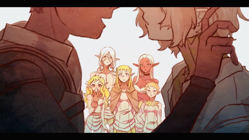 3boys 4girls :o absurdres arm_tattoo armor bags_under_eyes bare_shoulders blonde_hair blush braid chest_tattoo choker cithis cloak dark-skinned_female dark_elf dark_skin dungeon_meshi elf face-to-face facial_mark fleki forehead_mark gorget grey_eyes grey_hair hair_around_ear hand_in_another&#039;s_hair highres hood hooded_cloak implied_yaoi jewelry kabru long_hair long_sleeves low_twintails lycion mithrun multiple_boys multiple_girls notched_ear open_mouth otta_(dungeon_meshi) pachix2_corgi pattadol pointy_ears profile raised_eyebrow shirt short_hair simple_background smile surprised tattoo topless_male tunic twintails very_short_hair white_background yellow_eyes
