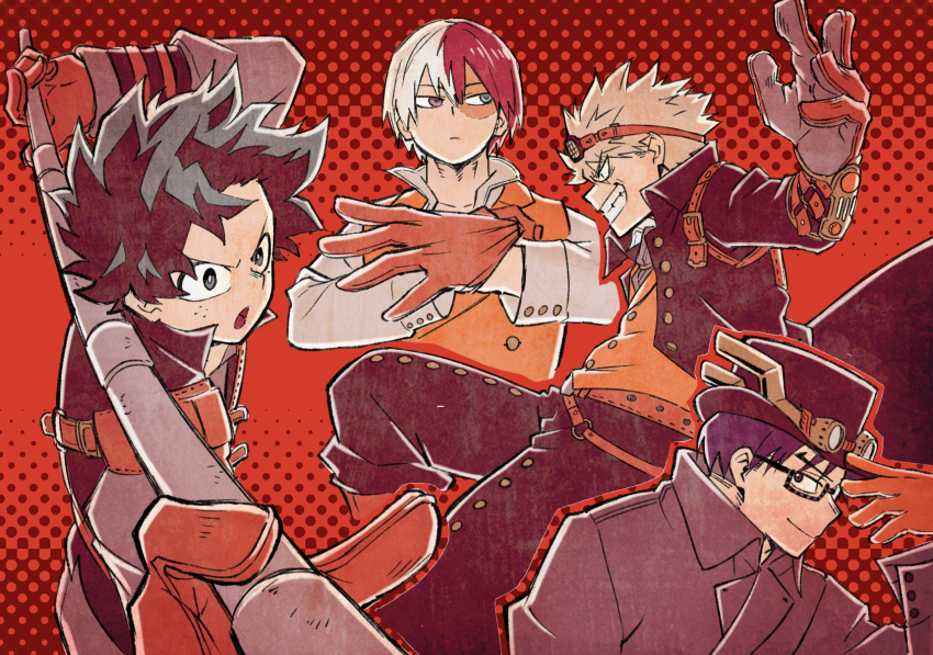 4boys 6th_popularity_poll_(boku_no_hero_academia) adjusting_clothes adjusting_gloves alternate_eye_color alternate_hair_color alternate_universe arm_behind_head bakugou_katsuki belt belt_buckle black_coat black_hat black_pants black_vest blonde_hair boku_no_hero_academia bright_pupils buckle burn_scar buttoned_cuffs buttons check_clothing closed_mouth clothing_request coat collared_coat commentary_request eyes_visible_through_hair fedora floating_clothes foreshortening freckles frown glasses gloves goggles goggles_on_head goggles_on_headwear gold_floss grey_coat grey_eyes grey_gloves grey_shirt grin hair_between_eyes halftone halftone_background hands_up hat heterochromia highres holding holding_lead_pipe iida_tenya lapels lead_pipe long_sleeves looking_at_viewer male_focus midair midoriya_izuku multicolored_hair multiple_boys official_alternate_costume open_clothes open_coat open_mouth orange_background orange_belt orange_gloves orange_vest outstretched_arm over_shoulder pants profile purple_eyes purple_hair rectangular_eyewear red_eyes red_hair scar scar_on_face semi-rimless_eyewear shirt short_hair shoulder_belt sideways_glance smile spiked_hair split-color_hair steampunk straight_hair todoroki_shouto two-tone_eyewear two-tone_hair under-rim_eyewear upper_body v-shaped_eyebrows vest white_hair white_pupils