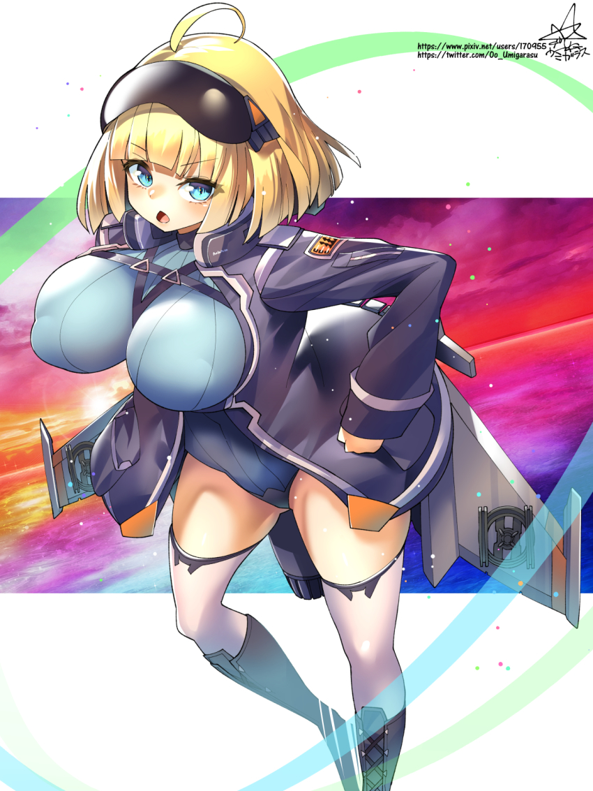 1girl ahoge blonde_hair blue_eyes breasts griffon_(last_origin) hand_on_own_hip highres jacket large_breasts last_origin leotard open_mouth short_hair signature solo thighhighs umigarasu_(kitsune1963) weapon white_thighhighs