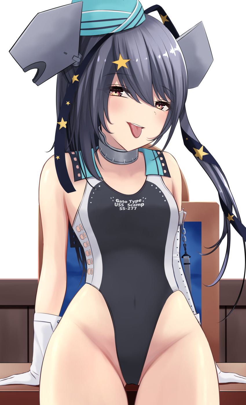 1girl absurdres aqua_hat black_one-piece_swimsuit black_ribbon competition_swimsuit cowboy_shot garrison_cap gloves grey_eyes grey_hair hair_ornament hair_ribbon hat highleg highleg_one-piece_swimsuit highres kantai_collection long_hair looking_at_viewer nokonoko one-piece_swimsuit ribbon scamp_(kancolle) side_ponytail solo star_(symbol) star_hair_ornament swimsuit tongue tongue_out white_gloves