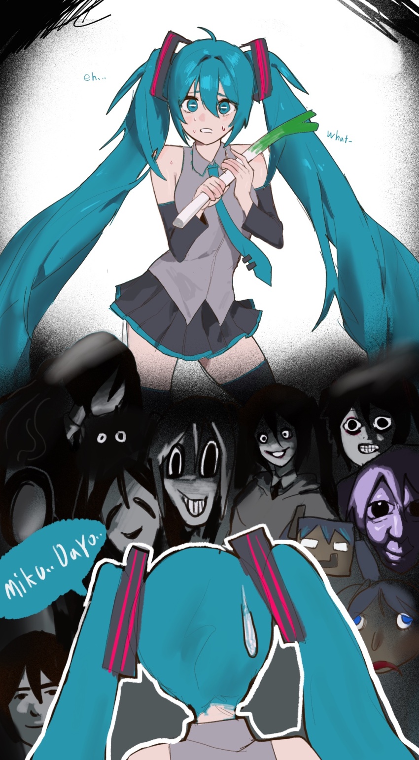 1girl ao_oni baldi baldi&#039;s_basics blue_eyes blue_hair character_request collared_shirt commentary copyright_request cosplay creepypasta detached_sleeves english_commentary hair_ornament hatsune_miku hatsune_miku_(cosplay) herobrine highres holding horror_(theme) jeff_the_killer long_hair long_sleeves minecraft necktie open_mouth pleated_skirt radon86_nya shirt skirt sleeveless sleeveless_shirt slender_man spring_onion steve_(minecraft) sweat sweatdrop the_oni_(ao_oni) the_walten_files thighhighs this_man uboa very_long_hair vocaloid yume_nikki