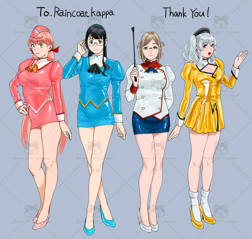 4girls aika_(series) akashi_(kancolle) alternate_costume arm_behind_back black_hair black_hat blue_sky breasts brown_hair cleavage cleavage_cutout clothing_cutout commission dress folded_ponytail garrison_cap glasses green_eyes hair_ribbon hairband hand_on_own_hip hat high_heels juliet_sleeves kantai_collection kashima_(kancolle) katori_(kancolle) large_breasts long_hair long_sleeves medium_breasts miniskirt multiple_girls ojipon ooyodo_(kancolle) open_mouth pink_hair pink_hat pink_skirt puffy_sleeves red_ribbon ribbon simple_background skeb_commission skirt sky standing yellow_dress