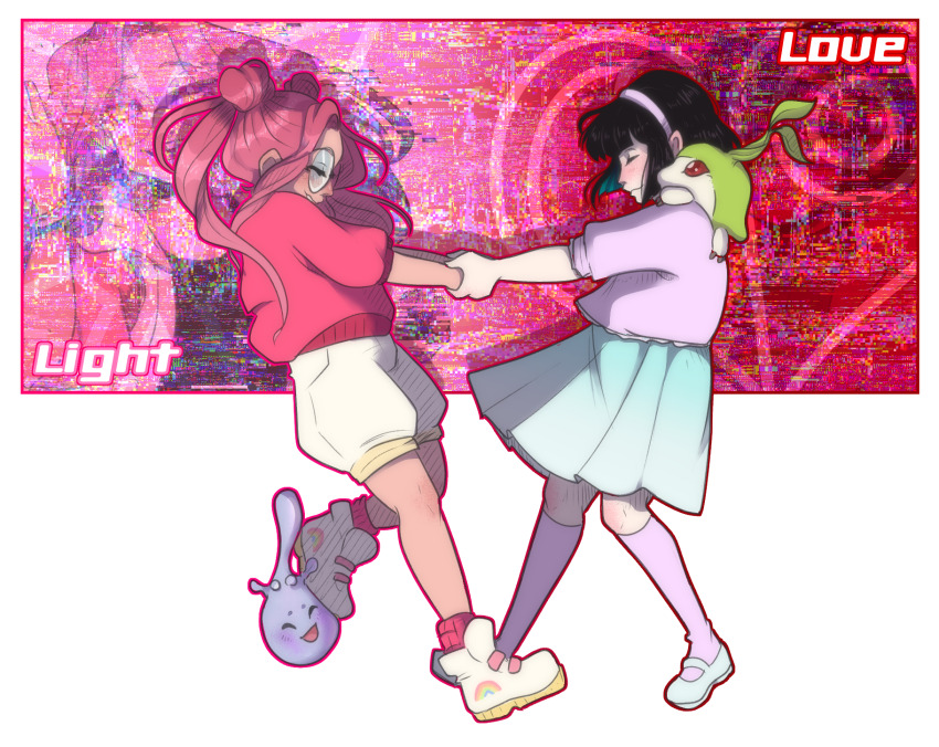 2girls closed_eyes digimon digimon_(creature) highres holding_hands long_hair moonmon multiple_girls original skirt tanemon