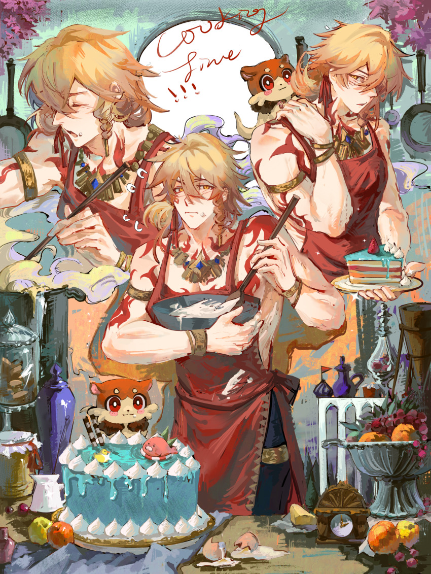 1boy absurdres apron arm_tattoo armlet black_pants blonde_hair bracelet braid cake cake_slice chest_tattoo chimera_(honkai:_star_rail) chinese_commentary commentary_request creature creature_on_shoulder crumbs egg facial_tattoo food gold_bracelet gold_necklace gradient_hair hair_between_eyes highres holding holding_plate holding_utensil honkai:_star_rail honkai_(series) jewelry male_focus medium_hair mixing_bowl multicolored_hair multiple_views mydei_(honkai:_star_rail) necklace on_shoulder pants plate red_apron red_hair red_tattoo side_braid tattoo toned toned_male topless_male yellow_eyes youranjiannanshan61835