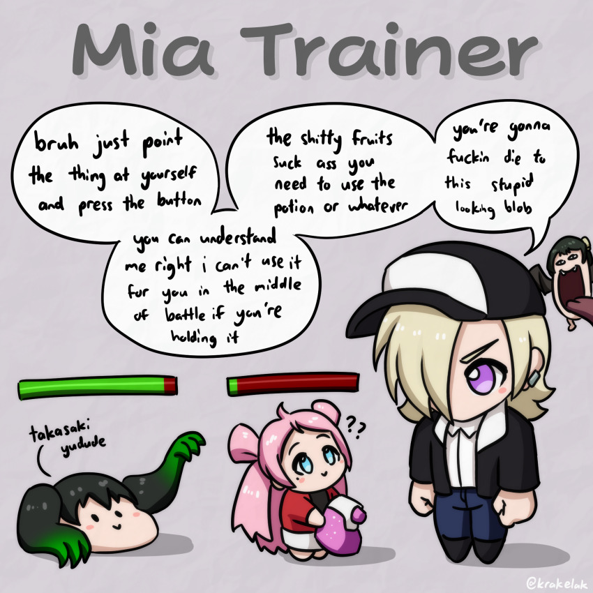1girl :&gt; ? ?? ahoge animalization baseball_cap black_headwear black_jacket black_shirt blonde_hair blue_pants blush_stickers chibi chibi_only clenched_hands dress_shirt english_text gameplay_mechanics gen_1_pokemon geodude golbat grey_background hair_over_one_eye hair_rings hat health_bar highres holding jacket krakelak long_hair long_sleeves looking_at_another love_live! love_live!_nijigasaki_high_school_idol_club mia_taylor mifune_shioriko mole mole_under_eye nintendo no_mouth one_eye_covered pants pokemon potion_(pokemon) profanity pun purple_eyes red_jacket shadow shirt short_hair skirt speech_bubble takasaki_yu text_focus twitter_username v-shaped_eyebrows white_shirt white_skirt zhong_lanzhu