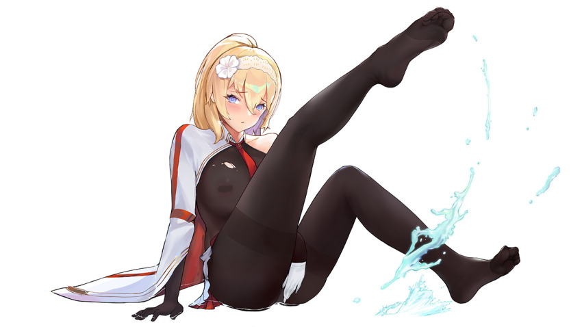 1girl ass bare_shoulders black_gloves black_pantyhose blonde_hair blue_eyes blush breasts covering_privates covering_crotch duke_of_york_(warship_girls_r) gloves hair_between_eyes hairband large_breasts leg_up long_hair looking_at_viewer panties panties_under_pantyhose pantyhose pasties simple_background solo thighband_pantyhose underwear warship_girls_r white_background white_gloves wuguno_ziran_juan