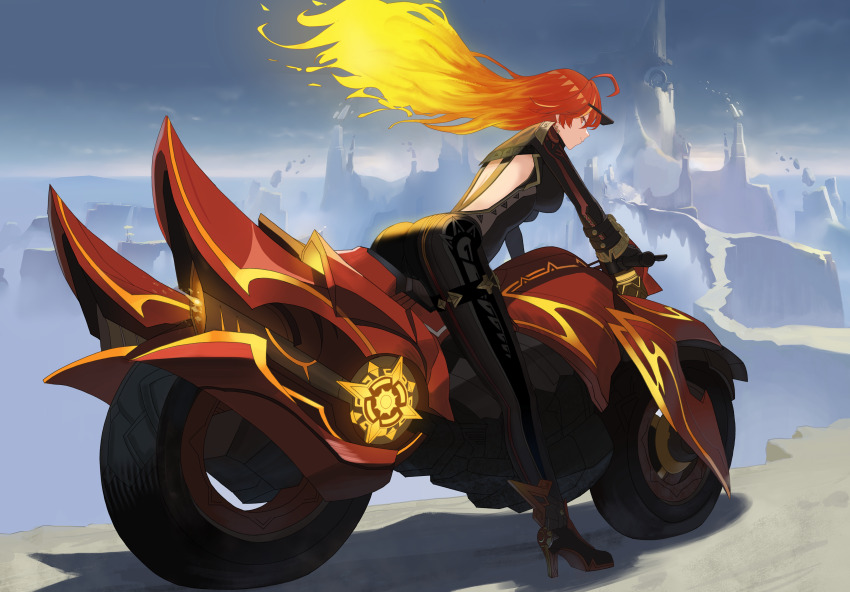 1girl absurdres ahoge ass back_cutout biker_clothes bikesuit black_bodysuit black_gloves bodysuit cliff closed_mouth clothing_cutout cloud commentary eyewear_on_head flamestrider_(genshin_impact) genshin_impact gloves hair_lift high_heels highres in-universe_location leaning_forward long_hair looking_to_the_side mavuika_(genshin_impact) motor_vehicle motorcycle on_motorcycle orange_eyes orange_hair oro_(lsg0624) outdoors sky solo wide_sleeves