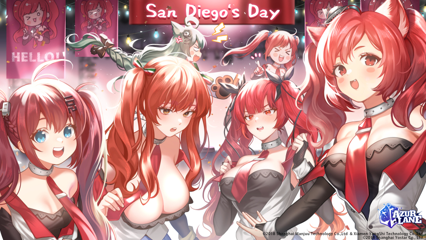 &gt;_&lt; 6+girls absurdres adapted_costume ahoge akashi_(azur_lane) anger_vein animal_ears april_fools azur_lane bare_shoulders bell blue_eyes blush bow breasts cat_ears cleavage color_connection cosplay detached_sleeves dress fang fu_shun_(azur_lane) gloves green_hair hair_color_connection hair_ornament hair_ribbon hairclip highres honolulu_(azur_lane) i-19_(azur_lane) large_breasts long_hair long_sleeves look-alike looking_at_viewer multiple_girls necktie official_alternate_costume official_art onegingek open_mouth red_eyes red_hair ribbon san_diego_(azur_lane) san_diego_(azur_lane)_(cosplay) second-party_source shirt sleeves_past_wrists smile twintails very_long_hair zara_(azur_lane)