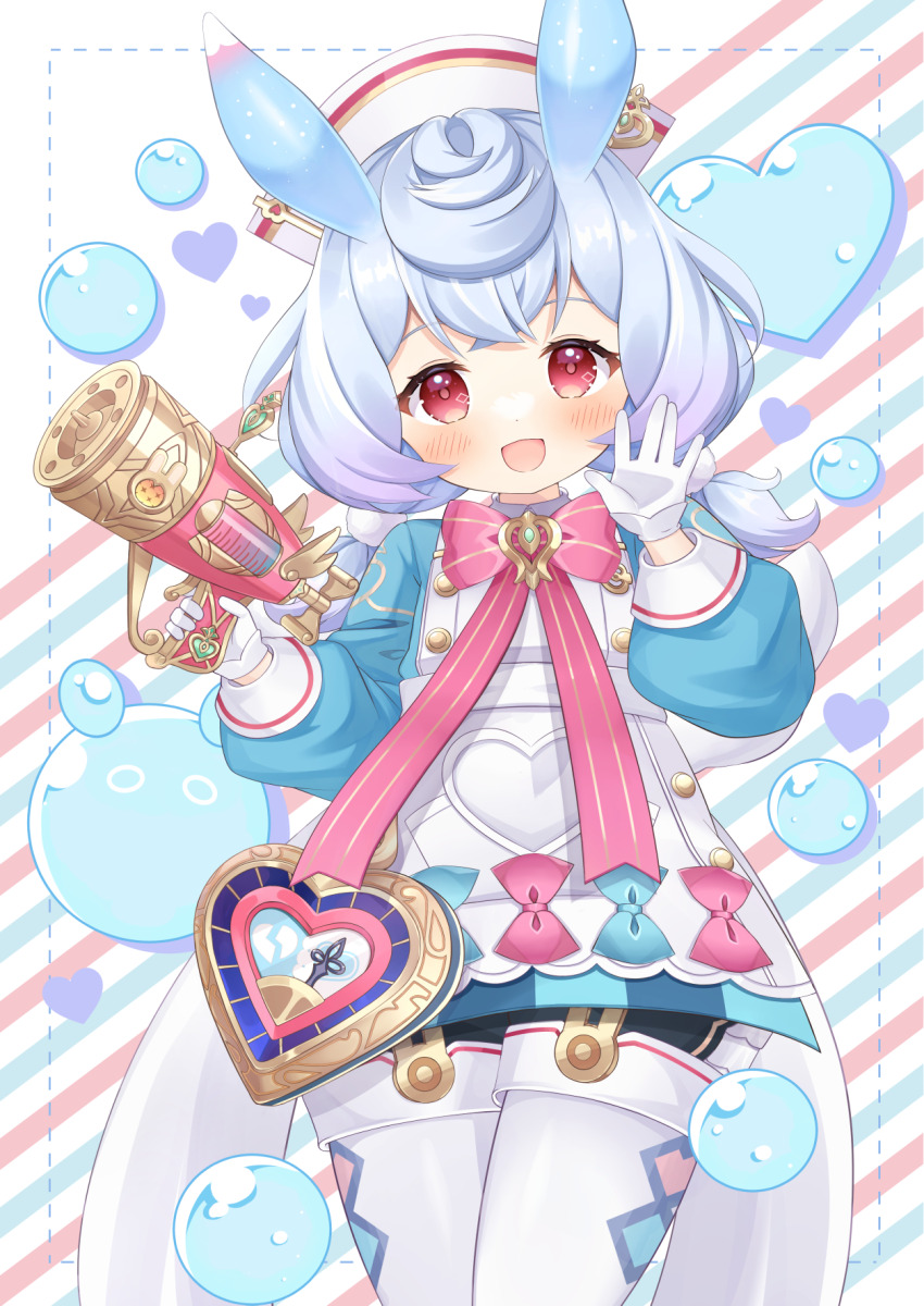 1girl blue_hair blush bow bubble genshin_impact gloves gun hajime_yo hat highres holding holding_gun holding_weapon long_sleeves looking_at_viewer open_mouth pink_bow puffy_sleeves red_eyes sigewinne_(genshin_impact) solo striped_background thighhighs waving weapon white_gloves white_hat white_thighhighs