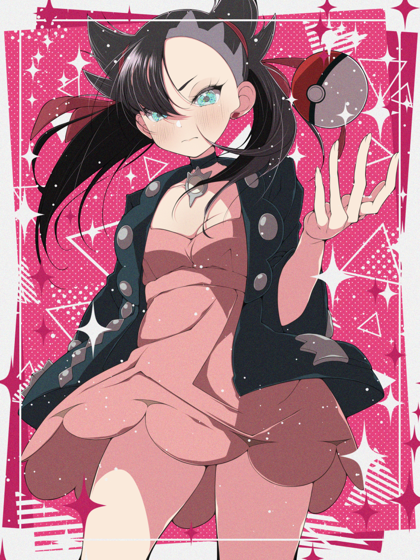 1girl asymmetrical_bangs black_choker black_hair black_jacket blush breasts choker closed_mouth dress earrings fujiwara_hiro_(kaede_ciao) green_eyes highres jacket jewelry long_sleeves marnie_(pokemon) nintendo open_clothes pink_dress poke_ball poke_ball_(basic) pokemon pokemon_swsh red_ribbon ribbon solo twintails