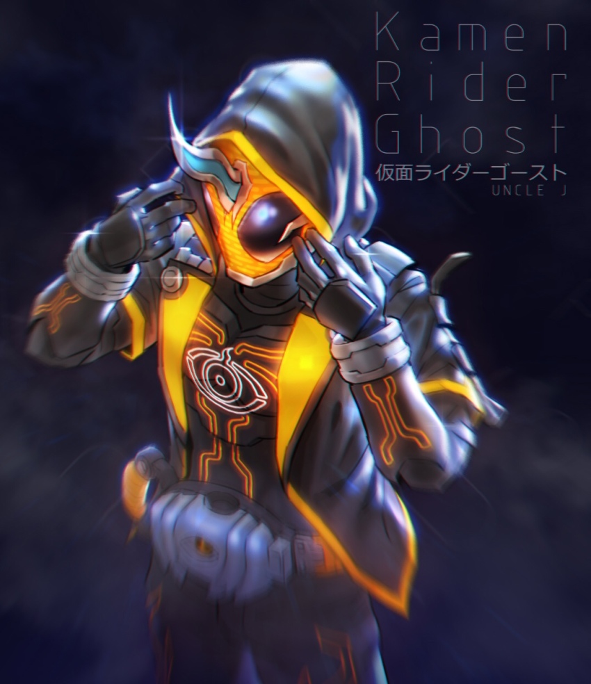 1boy armor black_eyes black_gloves character_name ghost ghost_driver gloves helmet highres hood hood_up horns jacket kamen_rider kamen_rider_ghost kamen_rider_ghost_(series) logo looking_at_viewer magic_circle ore_damashii parka single_horn solo spirit standing tokusatsu upper_body woxiljj