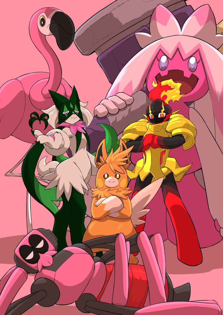alternate_color armarouge armor bird bug cat fire flamigo gen_9_pokemon hammer highres mask meowscarada nakayoshi_koyoshi nintendo pawmot pink_eyes pokemon pokemon_(creature) pokemon_sv red_eyes shiny_pokemon shoulder_armor spider spidops tinkaton
