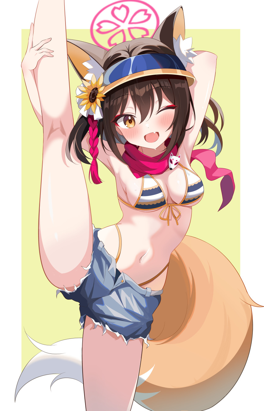 1girl absurdres animal_ear_fluff animal_ears armpits arms_up bikini blue_archive blush brown_hair commentary_request denim denim_shorts eyeshadow fang flexible flower fox_ears fox_girl fox_tail hair_flower hair_ornament halo highleg highleg_bikini highres holding_own_leg izuna_(blue_archive) izuna_(swimsuit)_(blue_archive) kawtorikomi kneepits leg_hold leg_lift leg_up makeup micro_shorts navel official_alternate_costume one_eye_closed open_mouth pink_halo pom_pom_(clothes) pom_pom_hair_ornament red_eyeshadow red_scarf scarf shorts smile solo split standing standing_on_one_leg standing_split striped_bikini striped_clothes sunflower sunflower_hair_ornament swimsuit tail visor_cap