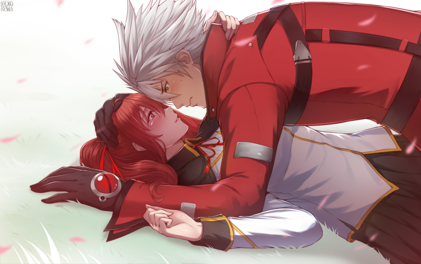 1boy 1girl blazblue blush celica_a._mercury couple eye_contact face-to-face gloves green_eyes hair_ornament hair_ribbon hetero highres imminent_kiss looking_at_another parted_lips ponytail ragna_the_bloodedge ribbon simple_background skirt smile swordwaltz white_hair