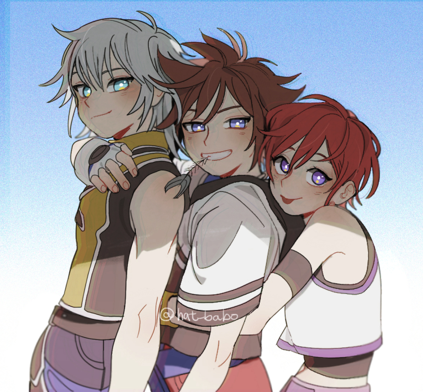 1girl 2boys arm_around_waist blue_sky blush brown_hair fingerless_gloves fish_skeleton gloves grey_hair hat_babo hug kairi_(kingdom_hearts) kingdom_hearts multiple_boys purple_eyes red_hair riku_(kingdom_hearts) short_hair sky sora_(kingdom_hearts) standing tongue tongue_out twitter_username
