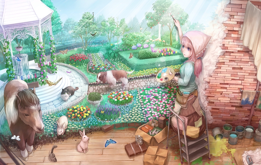 1girl :o apple art_brush blouse blue_eyes blue_shirt box brick brick_wall bug bush butterfly cardboard_box cat colorful daisy_(flower) dirt dog female_focus fence flower flower_pot food fountain fourth_wall fruit garden grass headscarf hedge heterochromia highres holding holding_paint_palette horse hyacinth hydrangea insect ivy jar ladder lens_flare lif_(lif_&amp;_ref) light_rays long_hair low_ponytail masonry_trowel morning_glory nemophila_(flower) original paint paint_can paint_palette paintbrush painting_(action) patch path pink_hair plant ponytail potted_plant purple_eyes rabbit revision road rose scenery shirt skirt solo spill squirrel standing stepladder sunbeam sunlight tree trowel tulip water white_headscarf wooden_floor