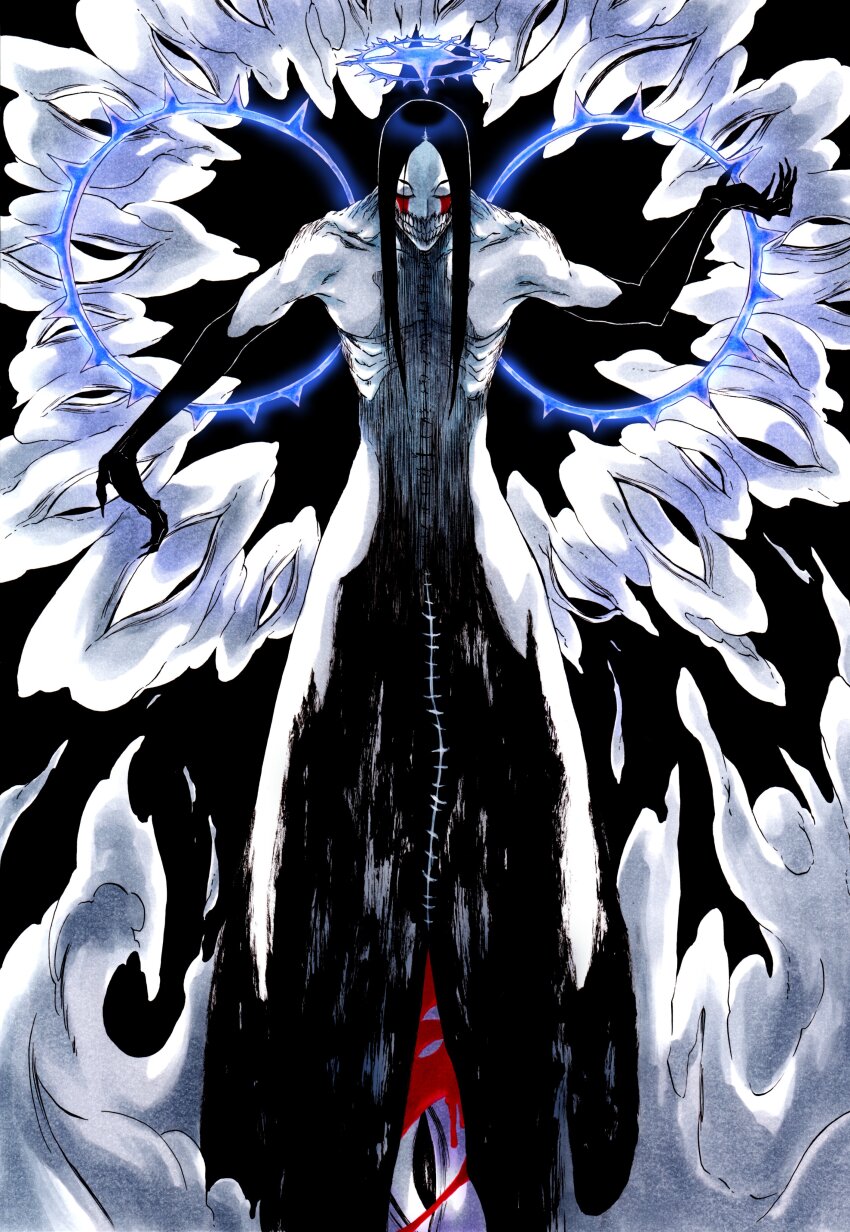 1boy absurdres arm_up as_nodt black_background black_hair bleach bleach:_sennen_kessen-hen blood bloody_tears blue_halo claws extra_eyes glowing glowing_halo halo highres horror_(theme) ken&#039;ichi_(ken1ro_u) long_hair male_focus no_feet no_pupils parted_bangs quincy_(bleach) ribs solo spiked_halo spikes sternritter stitched_torso stitches teeth vollstandig wings