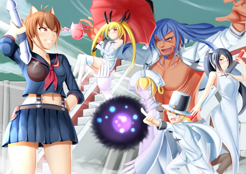 2boys 3girls animal_ears azrael_(blazblue) black_hair blazblue blonde_hair blue_facial_hair blue_hair blush breasts brown_hair carl_clover china_dress chinese_clothes cosplay dark-skinned_male dark_skin dress facial_hair gii grin hat height_difference kill_la_kill litchi_faye_ling makoto_nanaya matoi_ryuuko matoi_ryuuko_(cosplay) multiple_boys multiple_girls nirvana_(blazblue) over_shoulder parasol parody rachel_alucard robot school_uniform senketsu serafuku shaito side_ponytail smile squirrel_ears squirrel_tail tail tonfa top_hat twintails umbrella weapon weapon_over_shoulder white_dress
