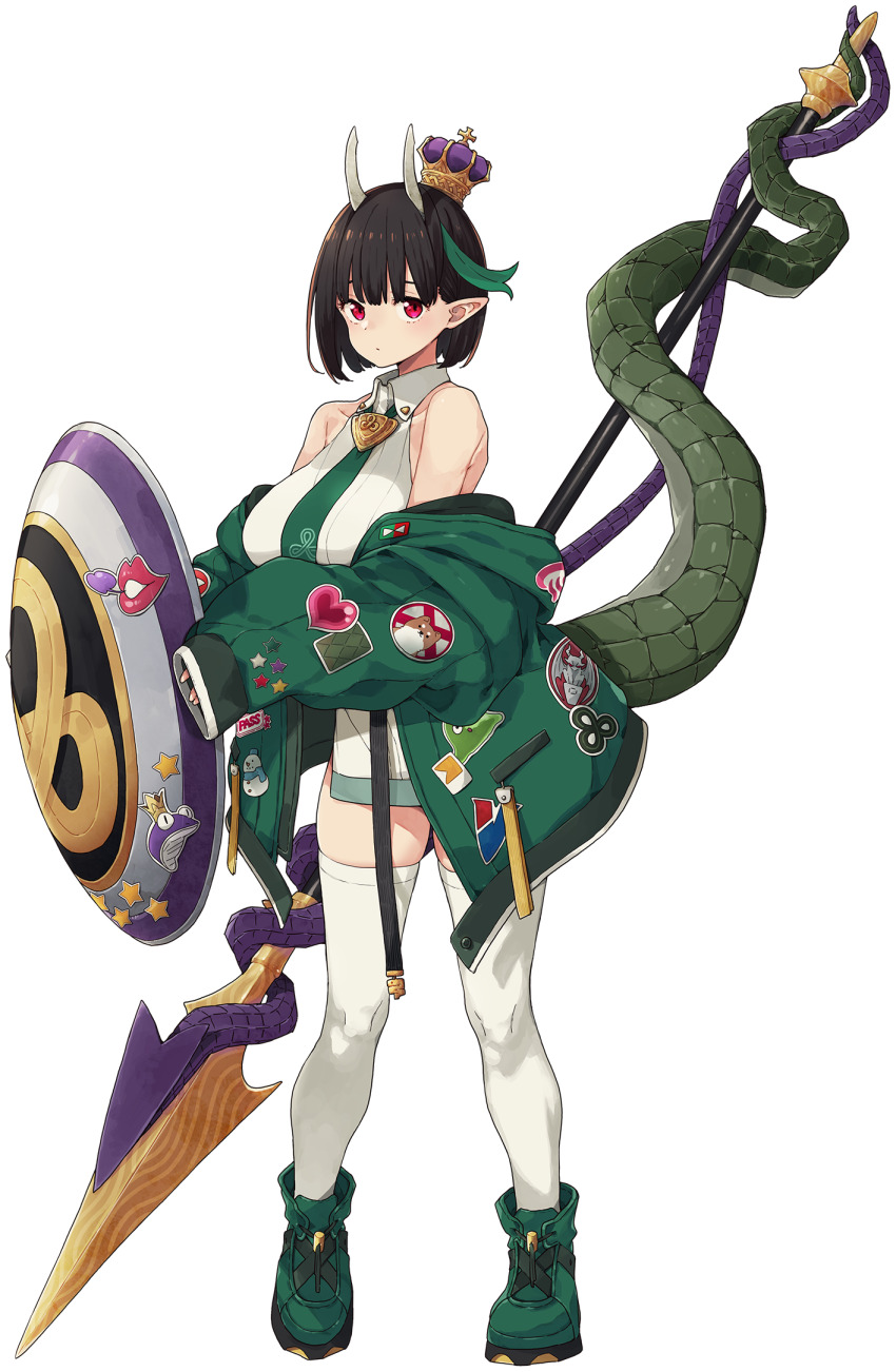 1girl bare_shoulders biscione_(fate) biscione_(second_ascension)_(fate) black_hair blush breasts crown dragon_girl dragon_horns dragon_tail dress fate/grand_order fate_(series) full_body game_cg green_hair green_jacket green_shoes highres holding holding_polearm holding_shield holding_weapon horns imigimuru jacket large_breasts long_sleeves looking_at_viewer mini_crown multicolored_hair necktie off_shoulder official_art open_clothes outline pointy_ears polearm red_eyes second-party_source shield shoes short_dress short_hair sleeveless sleeves_past_wrists solo standing sticker streaked_hair tachi-e tail thighhighs transparent_background weapon white_horns white_outline white_thighhighs