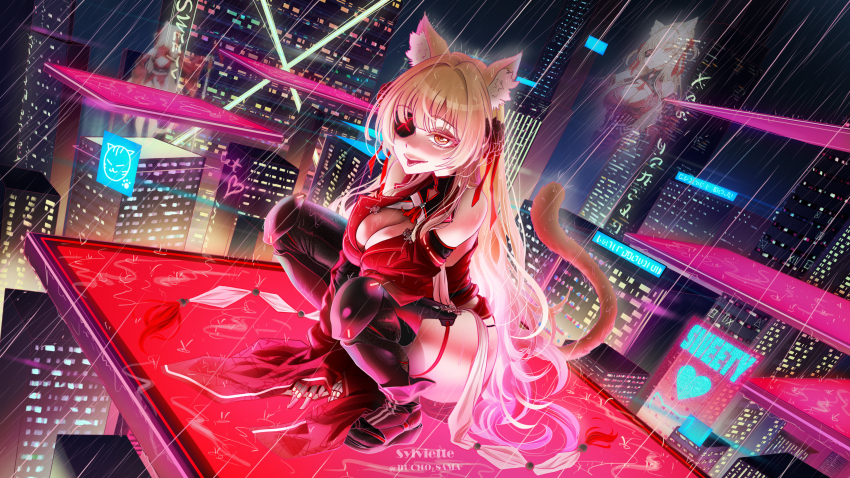 1girl :p absurdres animal_ears bare_shoulders blonde_hair breasts brown_eyes bucho_sama cat_ears cat_fantasy cat_tail city cleavage commentary english_commentary eyepatch highres long_hair looking_at_viewer outdoors rain smile solo squatting sylviette_(cat_fantasy) tail tongue tongue_out very_long_hair