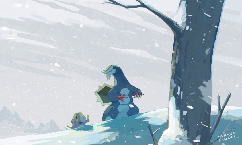bare_tree baxcalibur cloud day evolutionary_line frigibax highres mokuzou_(moku_ssbu) nintendo no_humans outdoors pokemon pokemon_(creature) signature sky snow snowing standing tree