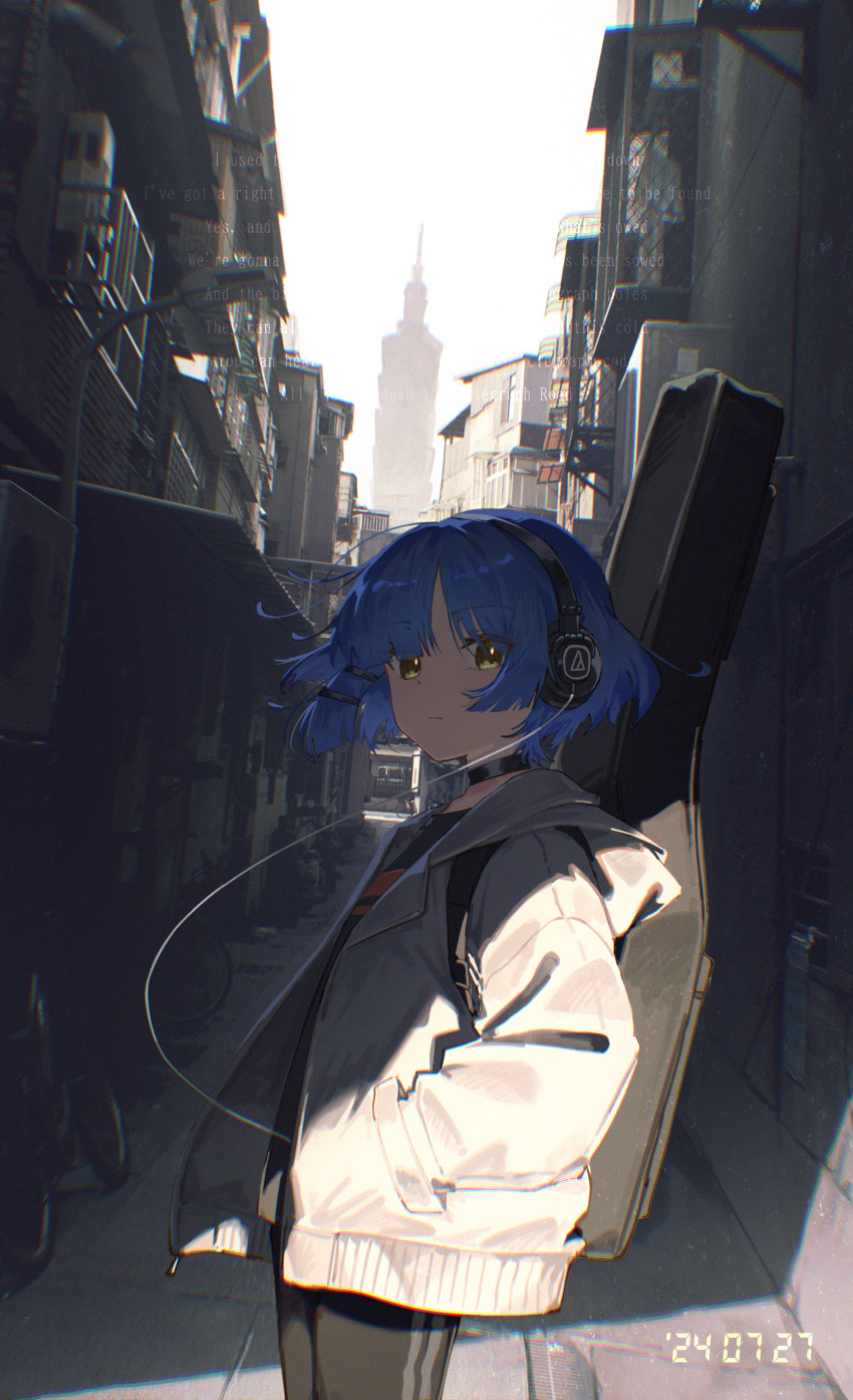 1girl absurdres alley black_choker black_headphones blue_hair bocchi_the_rock! choker city closed_mouth hands_in_pockets highres instrument_case jacket jl_tan long_sleeves looking_at_viewer open_clothes open_jacket outdoors short_hair solo standing white_jacket yamada_ryo yellow_eyes