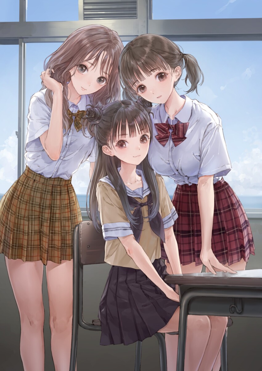 3girls absurdres blue_reflection_(series) blue_reflection_tie brown_eyes brown_hair desk double_bun hair_bun highres kinjou_yuki kishida_mel looking_at_viewer miyauchi_rena multiple_girls official_art plaid_clothes plaid_skirt red_hair ribbon school_uniform shirt_tucked_in sitting skirt utsubo_kokoro