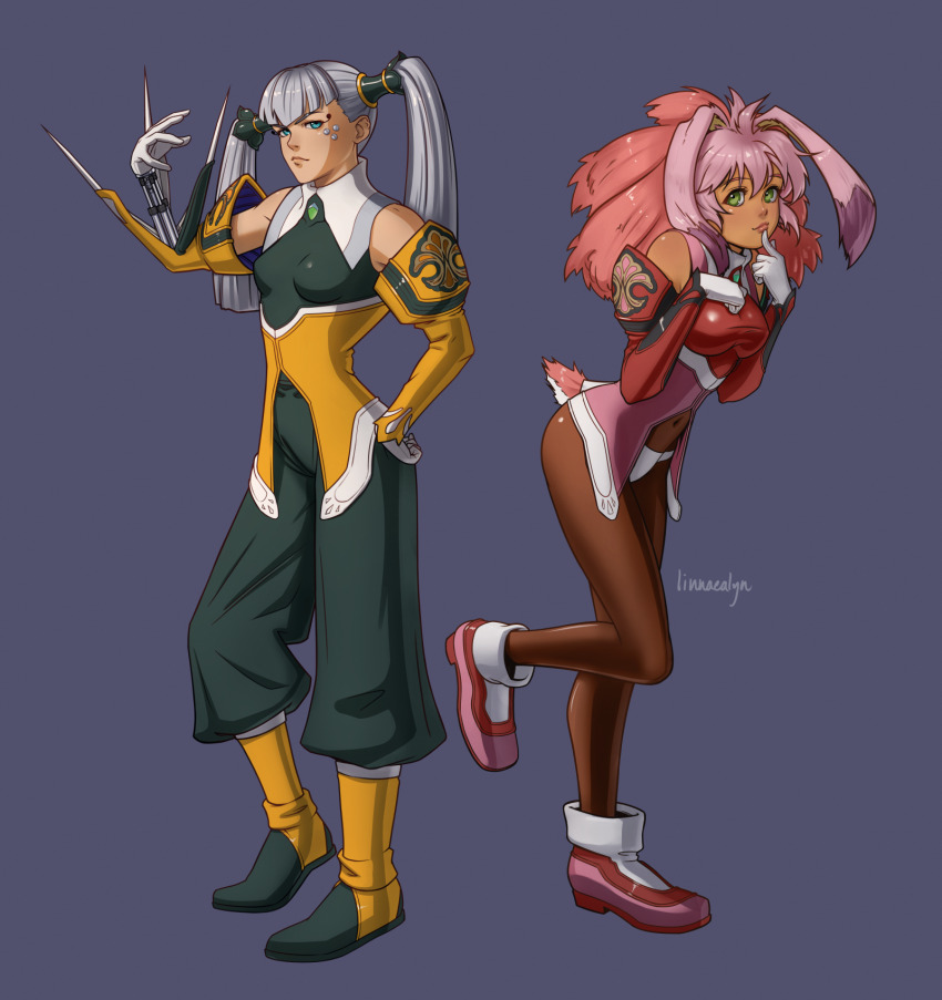 2girls animal_ears blue_eyes breasts closed_mouth commentary covered_navel eyelashes gloves green_eyes grey_background grey_hair highres large_breasts linnaealyn looking_at_viewer medium_breasts multiple_girls pantyhose pink_hair pink_lips rabbit_ears rabbit_girl seraphita_(xenogears) simple_background smile standing symbol-only_commentary tolone_(xenogears) twintails white_gloves xenogears