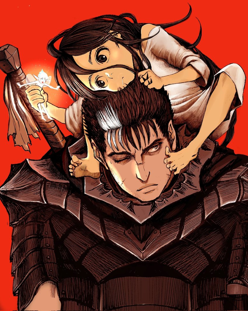 3boys armor barefoot berserk berserker_armor black_eyes black_hair blue_eyes blue_hair carrying child commentary_request corrupted_twitter_file dragonslayer_(sword) dress fairy fairy_wings glowing greatsword guts_(berserk) highres long_hair male_focus moonlight_boy_(berserk) multicolored_hair multiple_boys nisino2222 piggyback pointy_ears puck_(berserk) red_background saliva scar scar_on_face scar_on_nose short_hair shoulder_armor simple_background spiked_hair streaked_hair sword weapon white_dress wings