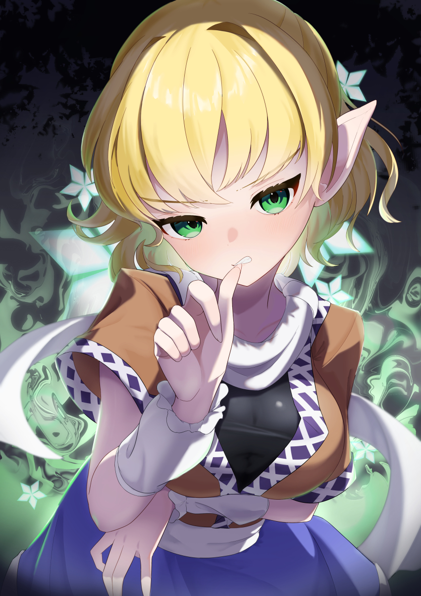 1girl absurdres arm_under_breasts arm_warmers biting biting_own_thumb black_shirt blonde_hair blush breasts brown_shirt cowboy_shot danmaku green_background green_eyes highres looking_at_viewer medium_breasts mizuhashi_parsee parsee_day pointy_ears sash scarf shirt short_hair short_sleeves solo touhou white_sash white_scarf yuwano_(yuwanoonsen)