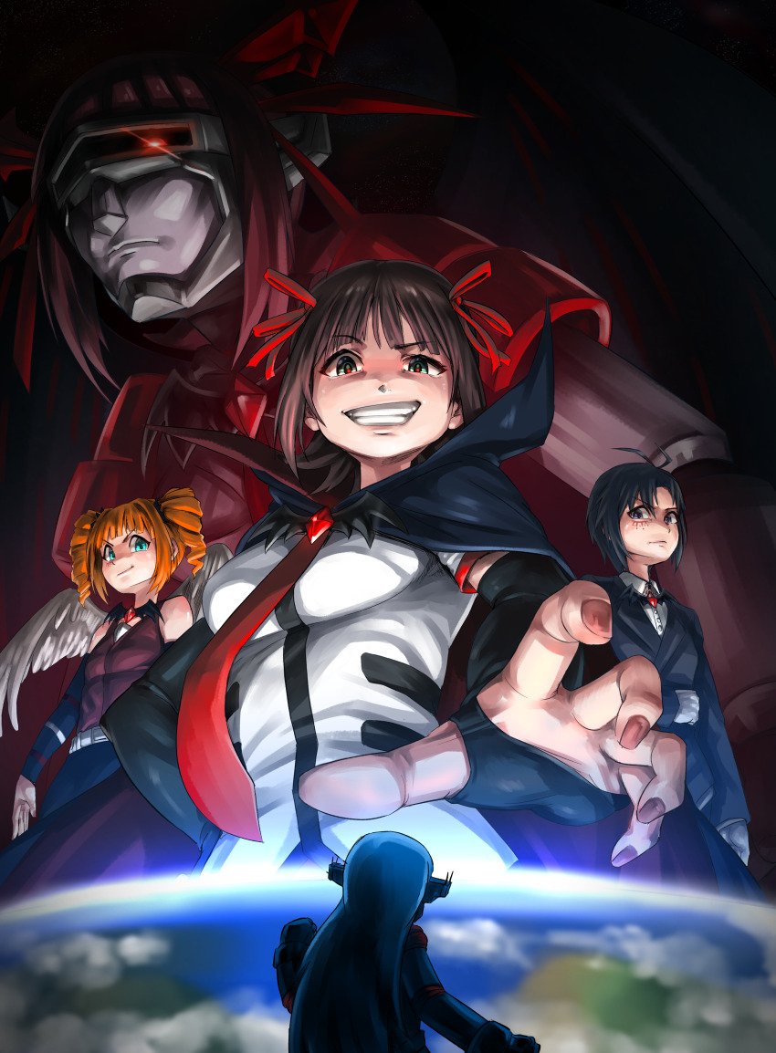 3girls absurdres amami_haruka antenna_hair bat_brooch black_cloak black_eyes black_hair black_jacket breasts brown_hair cloak closed_mouth commentary earth_(planet) english_commentary evil_grin evil_smile fingernails gloves green_eyes grin hair_ribbon half-closed_eye harustein highres hold111 idolmaster idolmaster_(classic) jacket kikuchi_makoto kisaragi_(mujin_gattai_kisaragi) long_sleeves looking_at_viewer mecha mujin_gattai_kisaragi multiple_girls orange_hair planet red_pupils red_ribbon ribbon robot shirt short_hair short_sleeves smile takatsuki_yayoi twintails white_gloves white_shirt