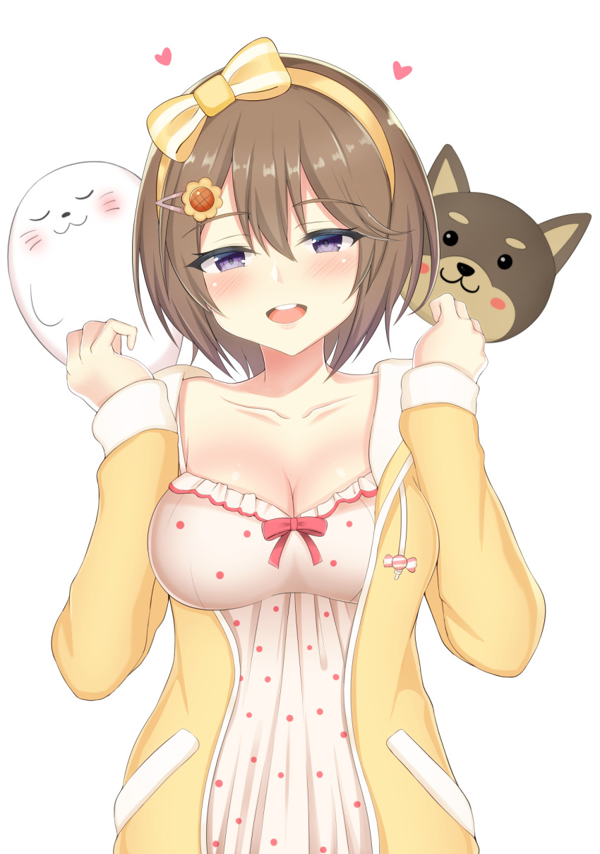 1girl breasts brown_hair cleavage dog highres hinata_yuka hood hoodie seal yellow_hoodie