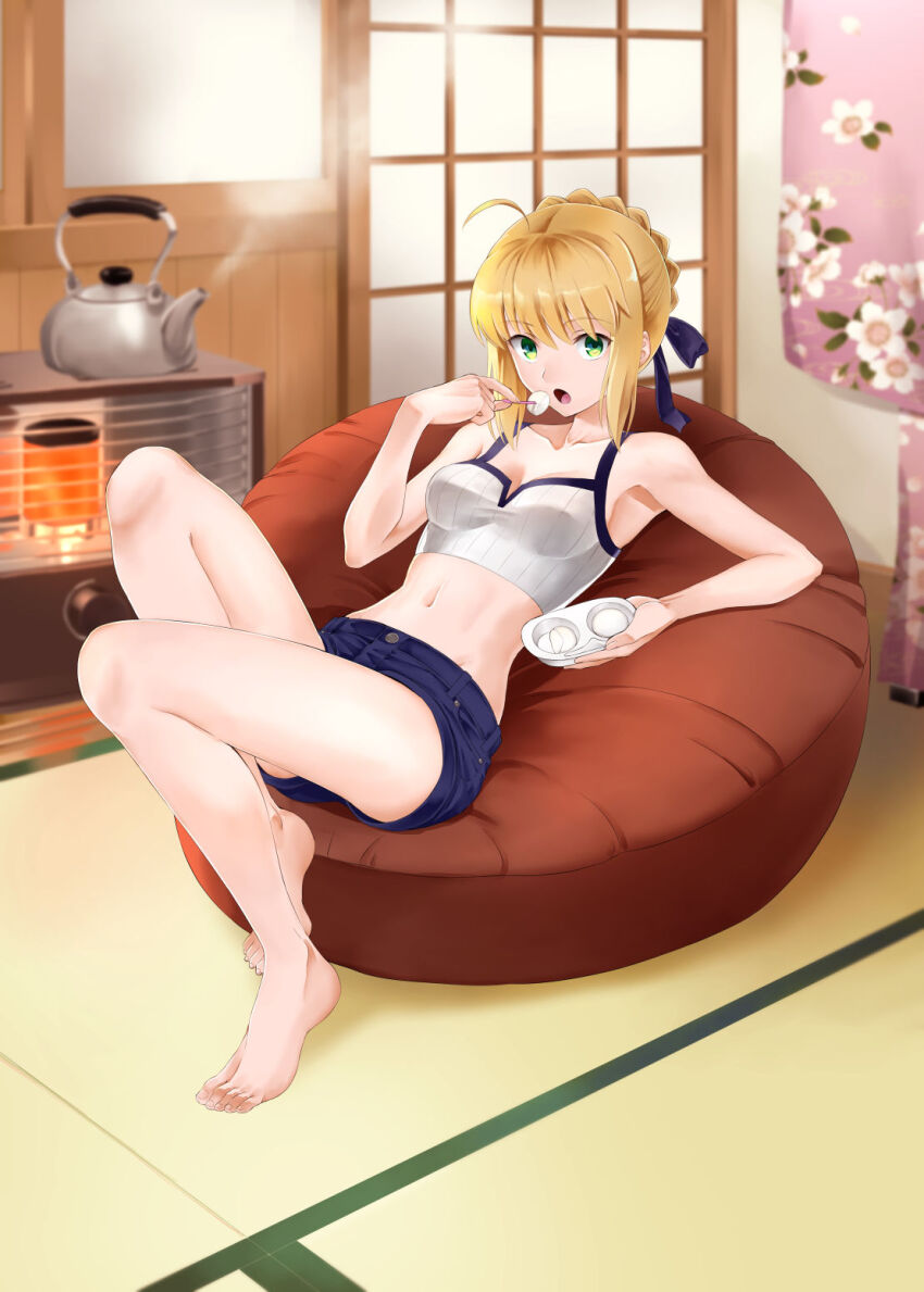1girl artoria_pendragon_(fate) barefoot blonde_hair blue_shirt breasts collarbone commentary crop_top eating fate/stay_night fate_(series) feet food full_body green_eyes heater highres holding holding_food indoors japanese_clothes kettle kimono knees_up looking_at_viewer lying navel on_back open_mouth pink_kimono saber_(fate) shirotsumekusa shirt short_shorts shorts solo tatami toes unworn_kimono