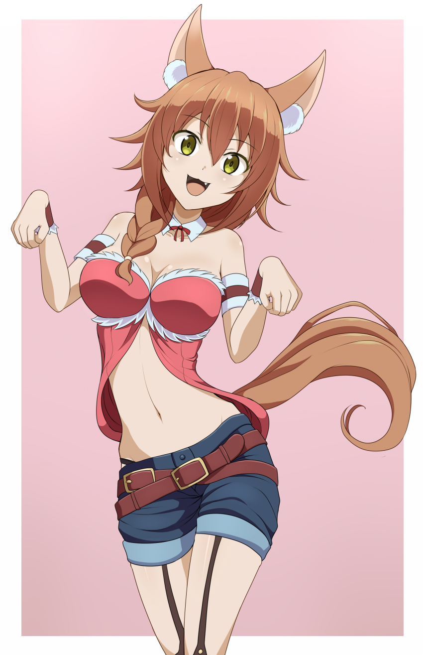 1girl absurdres animal_ears belt blue_shorts braid breasts brown_hair character_request clam_curry detached_collar fang fox_ears fox_girl fox_tail garter_straps green_eyes highres looking_at_viewer medium_breasts mireille_(sokushi_cheat) multiple_belts navel open_mouth shorts sokushi_cheat_ga_saikyou_sugite_isekai_no_yatsura_ga_marude_aite_ni_naranai_n_desu_ga solo tail