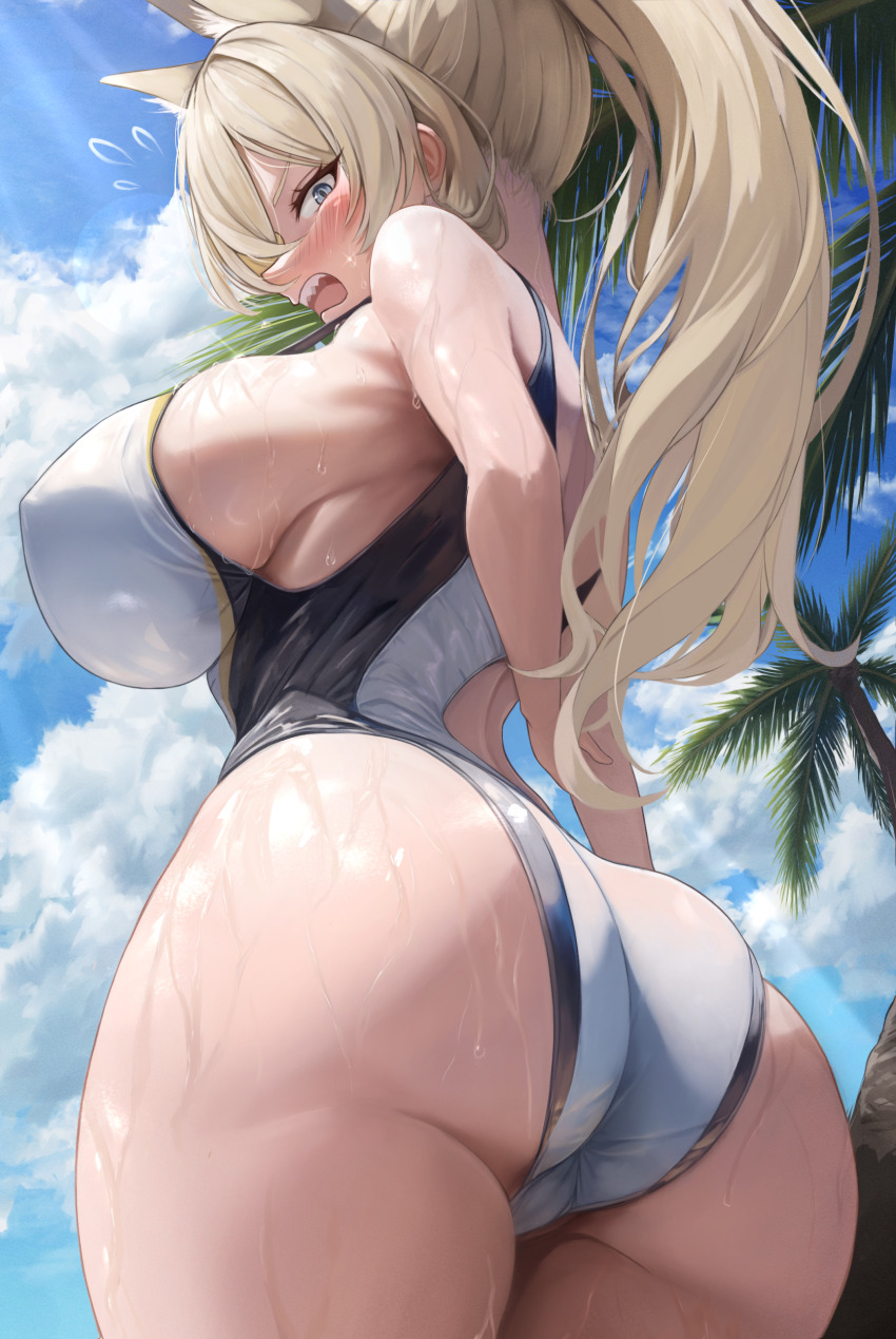 1girl absurdres animal_ear_fluff animal_ears ass bare_arms bare_shoulders blonde_hair blue_archive blue_eyes blush breasts covered_erect_nipples dog_ears dog_girl extra_ears highres huge_ass huge_breasts kanna_(blue_archive) kanna_(swimsuit)_(blue_archive) looking_at_viewer official_alternate_costume official_alternate_hairstyle one-piece_swimsuit open_mouth ponytail renshuunomi sharp_teeth solo swimsuit teeth thick_thighs thighs wet white_one-piece_swimsuit