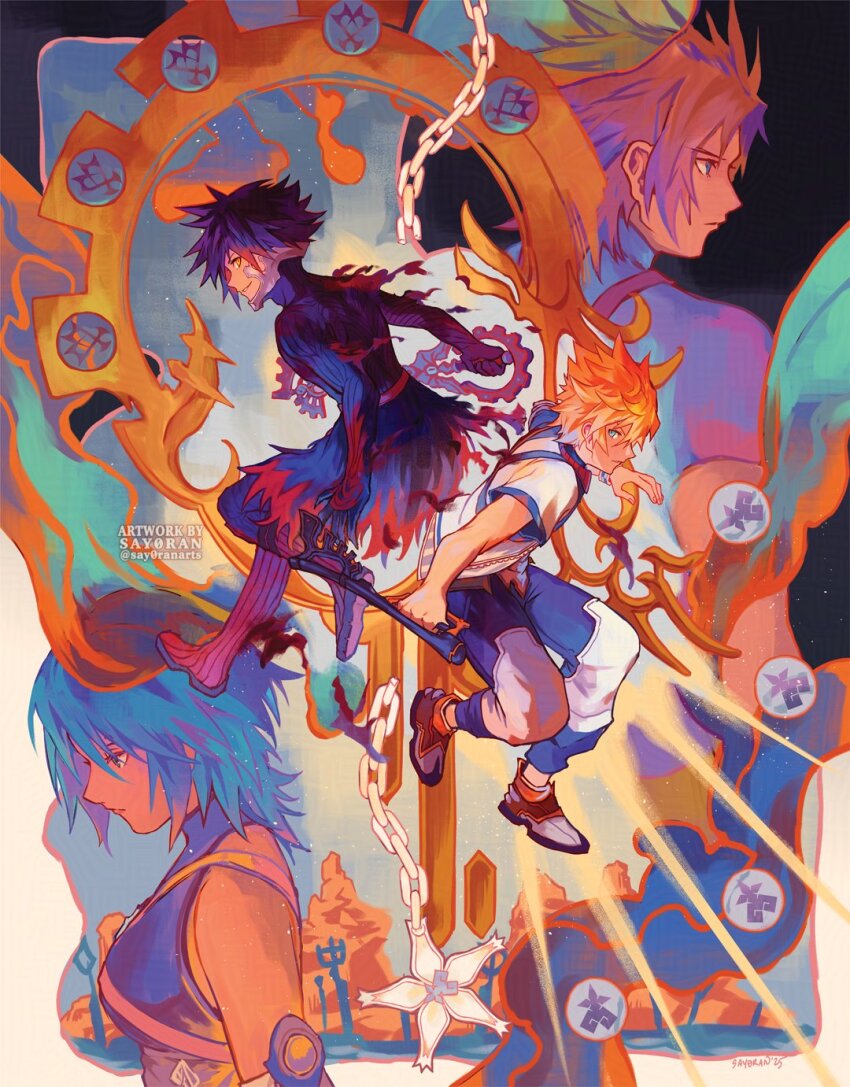 1girl 3boys aqua_(kingdom_hearts) black_bodysuit black_hair blonde_hair blue_eyes blue_hair blue_pants blue_shirt blue_trim bodysuit broken broken_chain brown_hair brown_shoes chain chain_necklace commentary english_commentary gradient_hair highres holding holding_weapon jewelry keyblade kingdom_hearts kingdom_hearts_birth_by_sleep knee_up looking_back multicolored_hair multiple_boys necklace pants parted_lips red_hair say0ran shirt shoes short_hair sleeveless sleeveless_shirt smile spiked_hair terra_(kingdom_hearts) twitter_username two-tone_pants vanitas_(kingdom_hearts) ventus_(kingdom_hearts) void_gear watermark wayward_wind weapon white_pants white_shirt