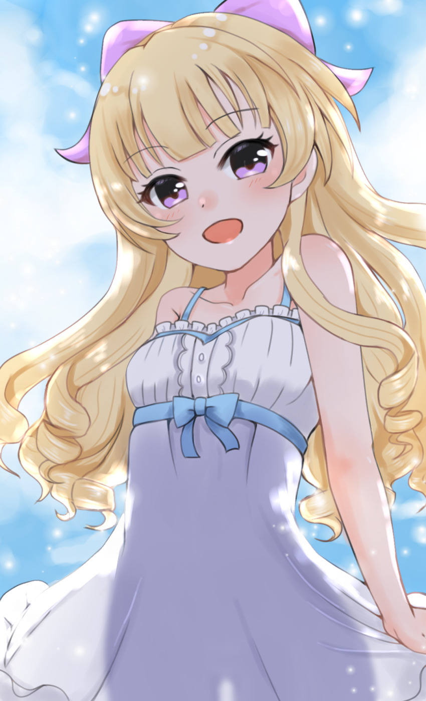 1girl battle_girl_high_school blonde_hair blue_ribbon blue_sky blush bow dress eyelashes highres long_hair looking_at_viewer mimi4kyo open_mouth outdoors pink_bow purple_eyes ribbon sendouin_kaede sky solo wavy_hair white_dress