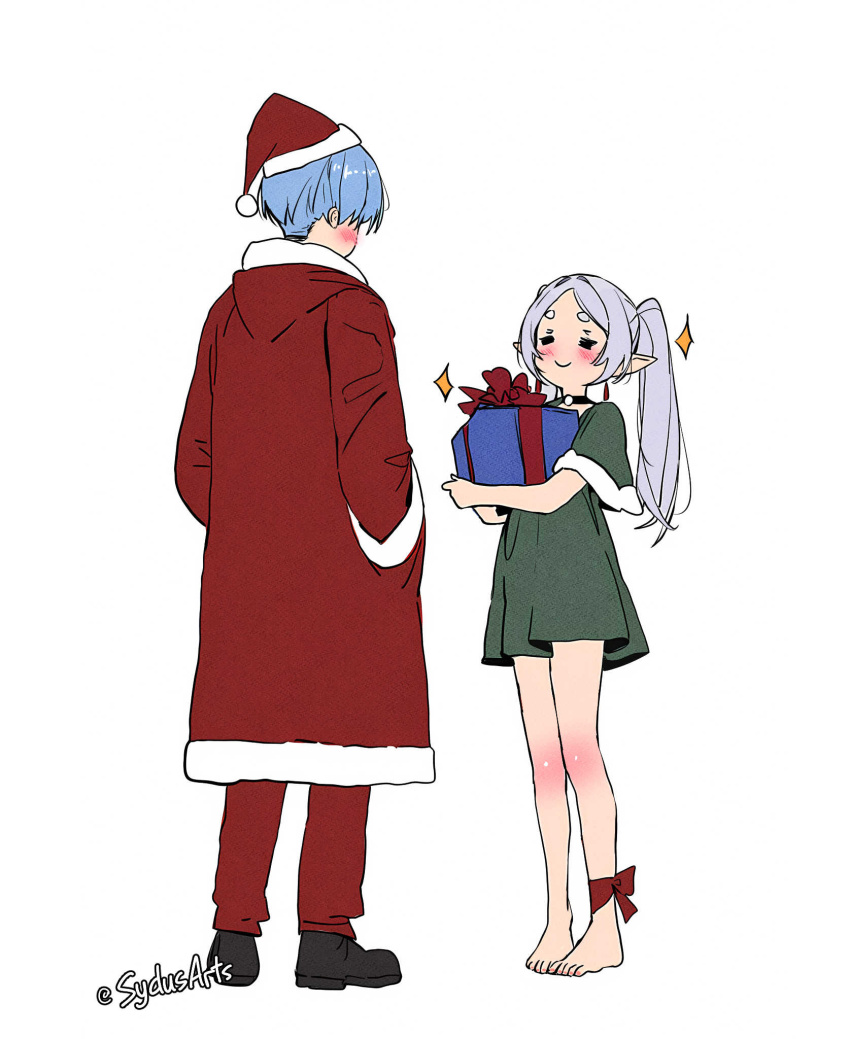 1boy 1girl alternate_costume ankle_bow ankle_ribbon artist_name bare_legs barefoot blue_hair blush bow box capelet christmas closed_mouth commentary dress elf english_commentary facing_another frieren full_body fur-trimmed_jacket fur_trim gift gift_box green_capelet green_dress grey_hair hat highres himmel_(sousou_no_frieren) holding holding_gift jacket knees long_hair long_sleeves petite pointy_ears red_bow red_hat red_jacket ribbon santa_hat shoes short_dress short_hair simple_background smile sousou_no_frieren standing sydus textless_version twintails white_background