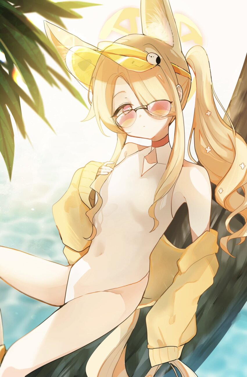 1girl animal_ear_fluff animal_ears bare_shoulders blonde_hair blue_archive breasts closed_mouth collarbone commentary covered_navel cross_halo day diamond_cutout extra_ears fox_ears fox_girl glasses hair_over_one_eye halo highleg highres in_tree jacket leg_up loli long_hair long_sleeves looking_at_viewer ocean off_shoulder official_alternate_costume one-piece_swimsuit one_eye_covered orange-tinted_eyewear pof_(peuplierpof) sandals seia_(blue_archive) seia_(swimsuit)_(blue_archive) side_ponytail sitting sitting_in_tree sleeves_past_fingers sleeves_past_wrists small_breasts solo sunglasses swimsuit thighs tinted_eyewear tree very_long_hair visor_cap water white_one-piece_swimsuit yellow_halo yellow_jacket yellow_sandals yellow_visor