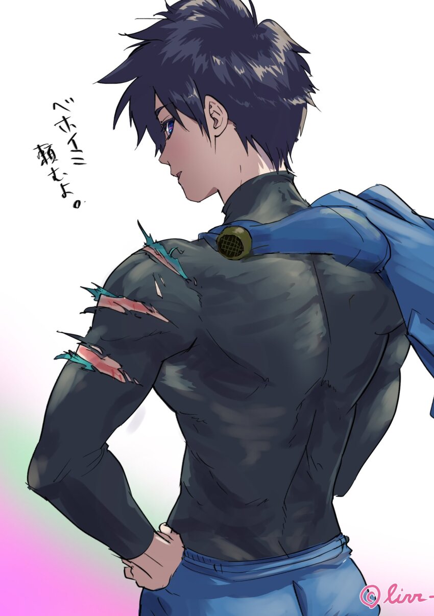 1boy arm_injury back_muscles black_hair black_shirt blood blood_on_arm blue_eyes blue_hat blue_pants commentary_request dragon_quest dragon_quest_ii gradient_background hand_on_own_hip hat highres injury looking_at_viewer looking_back male_focus pants pink_background prince_of_lorasia profile shey93735903 shirt short_hair solo tight_clothes tight_shirt toned toned_male torn_clothes torn_shirt translation_request unworn_headwear upper_body white_background