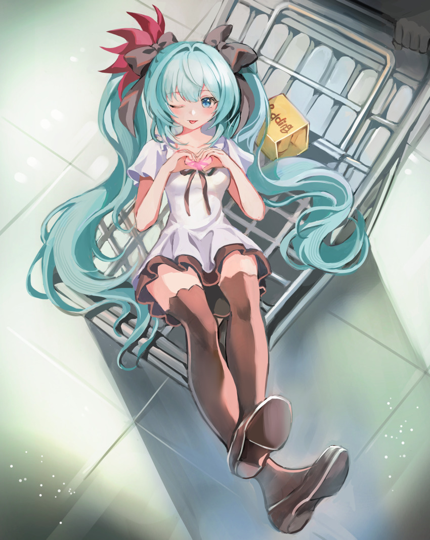 1girl absurdres aqua_hair brown_shoes brown_thighhighs casual closed_mouth commentary dress hatsune_miku hatsune_miku_(supreme) hc_(razel1) heart heart_hands highres long_hair making-of_available miku_day project_diva_(series) shoes shopping_cart smile solo thighhighs tongue twintails very_long_hair vocaloid white_dress