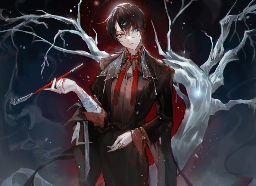 1boy absurdres bandaged_arm bandages bare_tree black_coat black_hair black_pants blue_eyes clamp_(circle)_(style) clip_studio_paint_(medium) coat cowboy_shot cowlick crossed_bangs glasses hand_up head_tilt heterochromia highres holding holding_smoking_pipe jewelry kiseru lace_trim light_particles long_sleeves looking_at_viewer male_focus moko_(moko/moko) pants parted_lips ring round_eyewear short_hair smoking_pipe solo tassel torn_clothes torn_sleeves tree watanuki_kimihiro xxxholic yellow_eyes