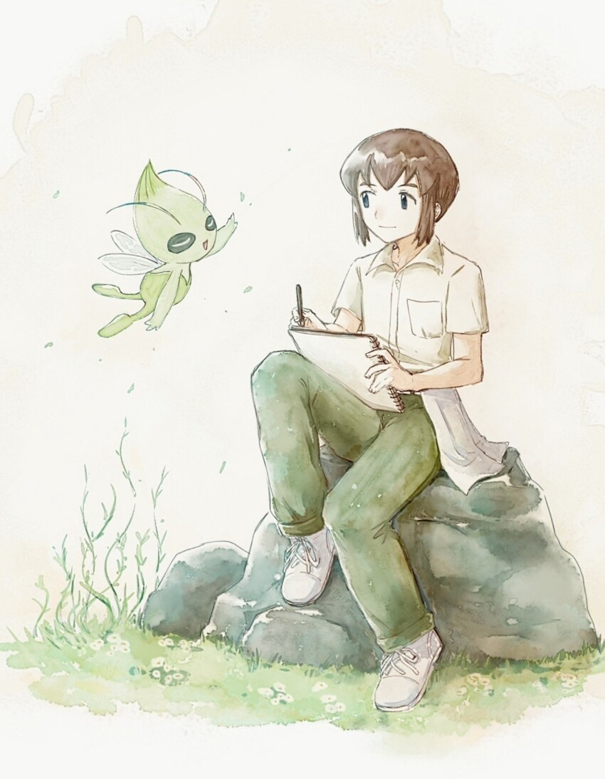 1boy asuka_rkgk brown_hair celebi closed_mouth collared_shirt flower gen_2_pokemon grass green_pants highres holding holding_pencil holding_sketchbook legendary_pokemon male_focus mythical_pokemon nintendo pants pencil pokemon pokemon_(anime) pokemon_(classic_anime) pokemon_(creature) pokemon_4ever_-_celebi:_the_voice_of_the_forest rock professor_oak shirt shoes short_hair short_sleeves sitting sketchbook smile white_flower white_footwear