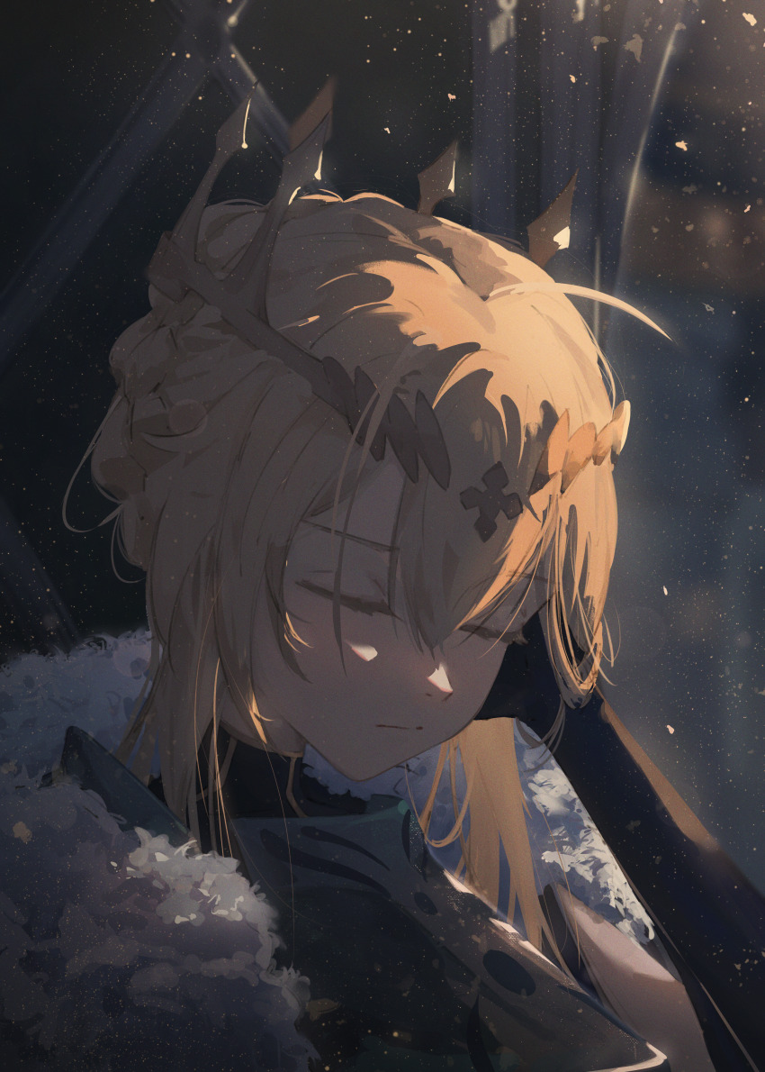 1girl absurdres artoria_pendragon_(fate) artoria_pendragon_(lancer)_(fate) blonde_hair cape closed_eyes closed_mouth commentary crown eien_001 english_commentary fate/grand_order fate_(series) fur-trimmed_cape fur_trim hair_between_eyes hand_on_own_ear highres light_particles long_hair portrait solo